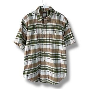 Ridgecut Toughwear Shirt Mens L Large Brown Green Plaid Short Sleeve Button Down